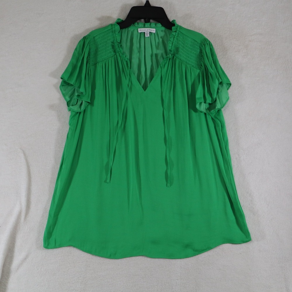 Maison d'Amelie Womens L Green Smocked Ruffle Neck Tie Flutter Sleeve Blouse